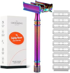 The Grooming Society Double Edge Safety Razor, Long Handled Swivel Butterfly Opening, Metal Razor with 10 Stainless Steel Blades - Rainbow Color