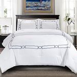 Superior Kensington Embroidered Comforter Set with Pillow Shams, Luxury Hotel Bedding with Soft Microfiber Shell, All Season Down Alternative Fill - Full/Queen, White with Navy Blue