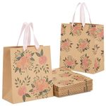 Juvale 24 Pack Kraft Paper Floral Gift Bags with Pink Ribbon Handles, 8x4x9 Inches, 2 Designs, For Themed Party Favors, Mother's Day, Weddings, Birthdays