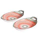 Nestasia Set of 2 Pink and Blue Mandala Ceramic Long Dish with Handles for Serving Snacks, Appetizers, Salads, and Noodles| Microwave Safe, Dishwasher Safe (10.8 Inch)