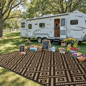 sarben Outdoor Rug for Patio - Waterproof Plastic Straw Camping Rugs 8x16 ft, Reversible Outdoor Indoor RV Mat Carpet for Patio, Porch, Deck, Balcony, Picnic, Beach, Black Brown