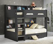 Wooden Bunk Bed with Underbed Storage Drawer, Happy Beds Orion Oak Wood Modern Twin Sleeper (3FT - Frame Only, Anthracite)