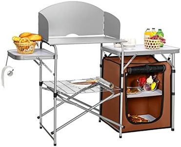 Costway Outdoor Camping Table with Storage, Aluminium Folding Camp Kitchen with Windscreen, Zippered Storage Bag, Carrying Bag, Lightweight & Portable Picnic Grill Table for BBQ, Camping(Coffee)