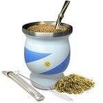 Norte Yerba Mate Natural Gourd/Tea Cup Set Argentinian Flag/Argentina, Includes 2 Bombillas (Yerba Mate Straws) & Cleaning Brush, Stainless Steel, Double-Walled, (Original Traditional Mate Cup - 8 oz)