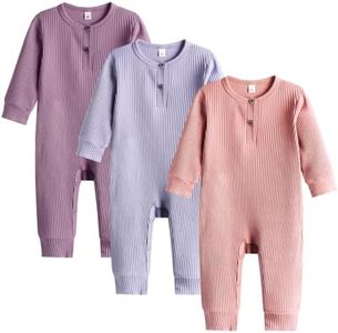Bafeicao Baby Boy Girl 3 Pack Solid Romper Ribbed Long Sleeve Bodysuit Jumpsuit Infant Knitted Outfits Clothes, Pink+Light purple+Dark Purple, Newborn