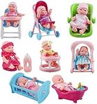 deAO Set of 8 Mini 5" Baby Dolls with Accessories Including Stroller, Bathtub, Crib, High Chair, Walker and Much More!