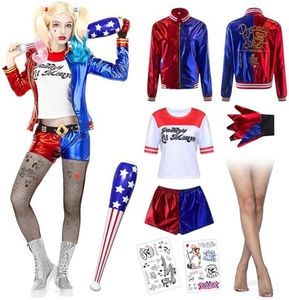 Deguisement Quinn Costume pour Adulte, Halloween Quinn Costume Cosplay Set Avec batte de baseball gonflable, Tatouages temporaires, Gants, Veste,T-shirt, short, bas résille pour Halloween Carnaval