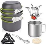 Gurukim 8pcs Camping Cookware Set, Camping Pot and Pan Set with Mini Backpacking Stove Stainless Steel Cup Spork and Tank Bracket Cleaning Tools Mesh Bag,Cooking Gear for Outdoor Hiking Picnic