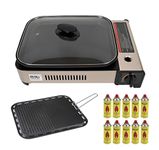 NJ Camping Gas BBQ Grill Plate Non-stick Deep Dish Pan Butane Stove Portable Cooker Glass LID (Gas Grill + 10 Canisters)