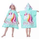 SNOWIE SOFT® Kids Hooded Bath Towel Girls Green Unicorn Print Bath Towel Cloak Soft Absorbent Fine Fiber Girls Hooded Cloak Bath Towel with Drawstring Bag, 75 x 150 cm