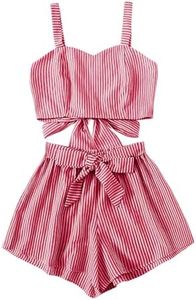 SweatyRocks Women's 2 Piece Outfits Summer Sleeveless Tie Back Crop Cami Top and Shorts Set Red and White Large