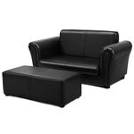 COSTWAY 2 Seater Kids Sofa, Upholstered Toddler Couch Armchair with Footstool, Sturdy Wood Construction, Children Double Seat Chair for Boys Girls (Black)