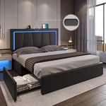 DICTAC Full LED Bed Frame with 4 Drawers and USB Ports Modern Faux Leather Upholstered Platform Bed Frame with Storage and Smart RGB LED Headboard with 3 Side Lights Strip, No Box Spring Needed,Black