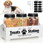 Dog Treat Container Dog Food Container for Dog Food Storage, Farmhouse Cat Food Container Pet Food Storage Organizer, Wood Dog Treat Holder with 3 Plastic Cat Dog Treat Jars, White Cat Treat Container