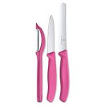 Victorinox Swiss Made Stainless Steel Swiss Classic Kitchen Knife Set of 3, Straight Edge and Wavy Edge Knife with Multipurpose Peeler, Professional and Household Use, Pink | 6.7115.31