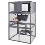 Wooden Cat House Outdoor Cat Enclosure with 3 Floors and Weatherproof Roof Indoor Large Cat Catio for Cats with Hammock & Resting Box