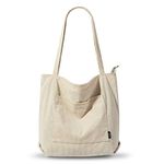 KALIDI Corduroy Tote Bag with Zipper Waterproof Cord for Women with Pockets Compartments Large Capacity Shoulder Bags Handbags for School Work Shopping Travel Daily Use,Beige