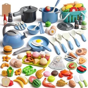 Funpynani 130Pcs Kitchen Playset, Toddler Pretend Cooking Play Pots, Pans, Utensils Cookware, Daily Food Fruit Veges, Shopping Storage Basket, Dessert, Prop Money, Learning Gift for Child (Blue)