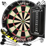 Viper by GLD Products League Pro Regulation Bristle Steel Tip Dartboard Starter Set with Staple-Free Bullseye, Galvanized Metal Radial Spider Wire; High-Grade Compressed Sisal Board with Rotating Number Ring for Extending Life, Includes Chalk Cricket Scoreboard and Steel Tip Darts, one color
