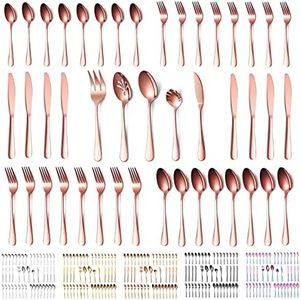 Kyraton Rose Gold Silverware Set 45 Pieces Service for 8, Titanium Copper Plating Flatware Sets Cutlery Set, Spoons and Forks Silverware Dishwasher Safe, First Apartment Must Haves Utensils Set