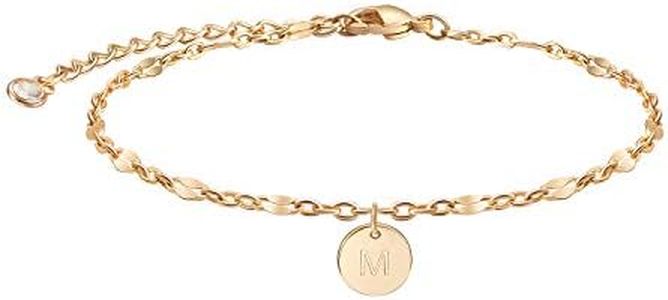 LOYATA Gold Initial Bracelet 14K Gold Charm Coin Disc Engraved Letter Dainty Link Chain Simple Letter Personalized Monogram Name Jewelry Gift for Women(M)