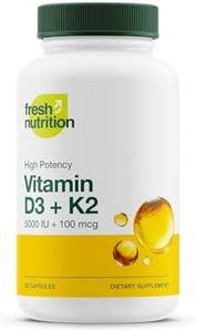 Fresh Nutrition Vegan Vitamin D3 + K2 Capsules - 5000 IU D3 + 100mcg K2 as MK-7 for Optimal Absorption - Immune Health, Bone Health, Mood - Non GMO - 90 Capsules, 3 Month Supply