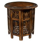 COTTON CRAFT - Jaipur Solid Wood Handcrafted Carved Folding Accent Coffee Table - Antique Brown - 46 CM Round Top x 46 CM High