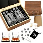 Whiskey Stones, Whiskey Glass Gift Set, Whisky Rocks Chilling Stones in Handmade Wooden Box– Cool Without Dilution – Whisky Glasses Set of 2, Gift for Dad, Husband, Men (Round1)