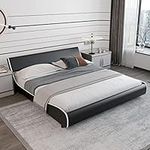 Giantex King Upholstered Platform Bed Frame, Faux Leather Wave Like Sleigh Bed w/Adjustable Headboard, Modern Low Profile Bed Frame, Strong Wood Slats Support, No Box Spring Needed, Black