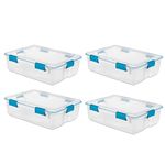 Sterilite 37 Qt Gasket Box, Stackable Storage Bin with Latching Lid and Tight Seal, Plastic Container to Organize Basement, Clear Base and Lid, 4-Pack