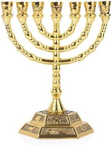 BRTAGG Menorah 7 Branch, 12 Tribes of Israel, Jerusalem Temple Jewish Candle Holder (12.7cm, Gold)