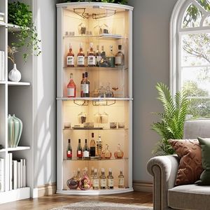 Loomie 70" Corner Bar Cabinet with LED Lights, 6-Tier Modern Wine Cabinet with Glass Door & Glass Holder, Tall Home Bar Liquor Cabinet with Adjustable Shelves for Dining Room, Living Room (White)