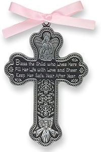 Bless The Child - GUARDIAN ANGEL Baby GIRL Crib Cross 4" PEWTER Medal - CHRISTENING - Baptism KEEPSAKE with PINK RIBBON GIFT BOXED (Original Version)