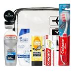 Men's essential travel toiletries kit, including clear travel bag, shampoo, roll on XXL deodorant, shower gel, tooth paste, a portable travel toothbrush with built in case and 2 small empty pots