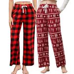 U2SKIIN 2 Pack Women Fleece Pajama Pants, Warm Plaid Lounge Pj Bottoms for Women with Pockets Soft (Buffalo Plaid-Red/Christmas tree, M)