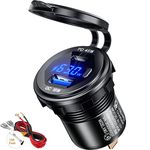 Thlevel USB C Car Charger Socket 45W PD Type C & 18W QC3.0 USB Fast Charger Socket Power Waterproof with LED Digital Voltmeter and Switch for 12V / 24V Marine Boat Motorcycle Truck