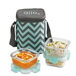 Allo FoodSafe Glass Lunch Box with Break Free Detachable Lock, Oven & Microwave Safe, Borosilicate Glass Container, Office Tiffin with Chevron Mint Bag, Set of 3, 310ml, Square (Mint Green)