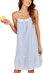 Ekouaer Women's 100% Cotton Lace Nightgown Sleeveless Sleep Dress Victorian Sleepshirt Button Strap Gown, Candy Blue