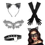 DUNBE 4Pcs Black Fancy Dress Costume Accessories Women Cat Ear Headband Face Mask Choker Necklace and Masquerade Gloves