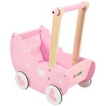 SOKA Wooden Push Along Pink Princess Doll Pram for Boys and Girls Pretend Play with Non-Slip Rimmed Wheels