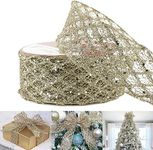 HUIHUANG Champagne Wired Ribbon 2-1/2", Glitter Diamond Wire Edge Ribbon Champagne Gold Christmas Ribbon for Holiday Tree, Bows Making, Wreath Supplies, Garland, Home Decor, Crafts -10 Yards