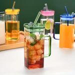 PrimeWorld Square Jar Glass 470 ml Acrylic Lid and Glass Straw Set of 1 Pc Drinking Glasses Fruit Juice Soda Milk Sipper Colored Handle Green Tea Mug Fruit Juice Beer Shake Chocolate Stylish Glasses