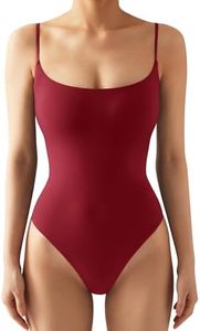 SUUKSESS Women Sexy Square Neck Thong Bodysuit Backless Sleeveless Basic Cami Body Suit Top (Wine Red, L)
