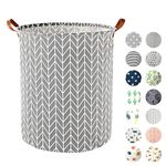 LUFANCY 63L Large Laundry Basket - Waterproof Collapsible Washing Basket with Handles For Bathroom, Bedroom - Round Foldable Wicker Basket - Perfect for Dirty Clothes, Toys, Towels (Grey Arrow)