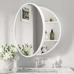 Keonjinn 24 Inch Round Bathroom Medicine Cabinet with Mirror, Circular Surface Mount Medicine Cabinet, White Framehouse Modern Medicine Cabinet, Framed Bathroom Mirror with Storage Wall Mounted