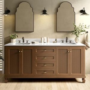Alphabath 72 Inch Double Sink Bathroom Vanity, Solid Wood Bathroom Cabinet with Marble Countertop & Backspalsh, Soft Closing 4 Doors & 3 Drawers, Fully Pre-Assembled, Light Hickory