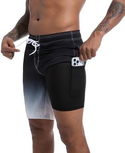 difficort Mens Swimming Trunks with Compression Liner Quick Dry Board Shorts Swimsuit with Zipper Pockets,Black Gray Gradient,XX-Large