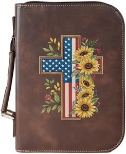 Sunflower Cross Bible Cover – Vegan Leather Scripture Case with Cross & Flag – Zippered Journal Holder with Handle, Fits Large Bibles, Rustic