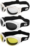 Birdz Eyewear Eagle Motorcycle Skydiving Padded Goggles 3 Pairs White Vented Frames Bundle Anti-Fog Lenses (Smoke Clear & Yellow)