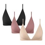 INIBUD Bralette for Women Removable Padded Bra Yoga Seamless V Neck Triangle Adjustable Straps Wireless, Black+Cream+Purple, Small